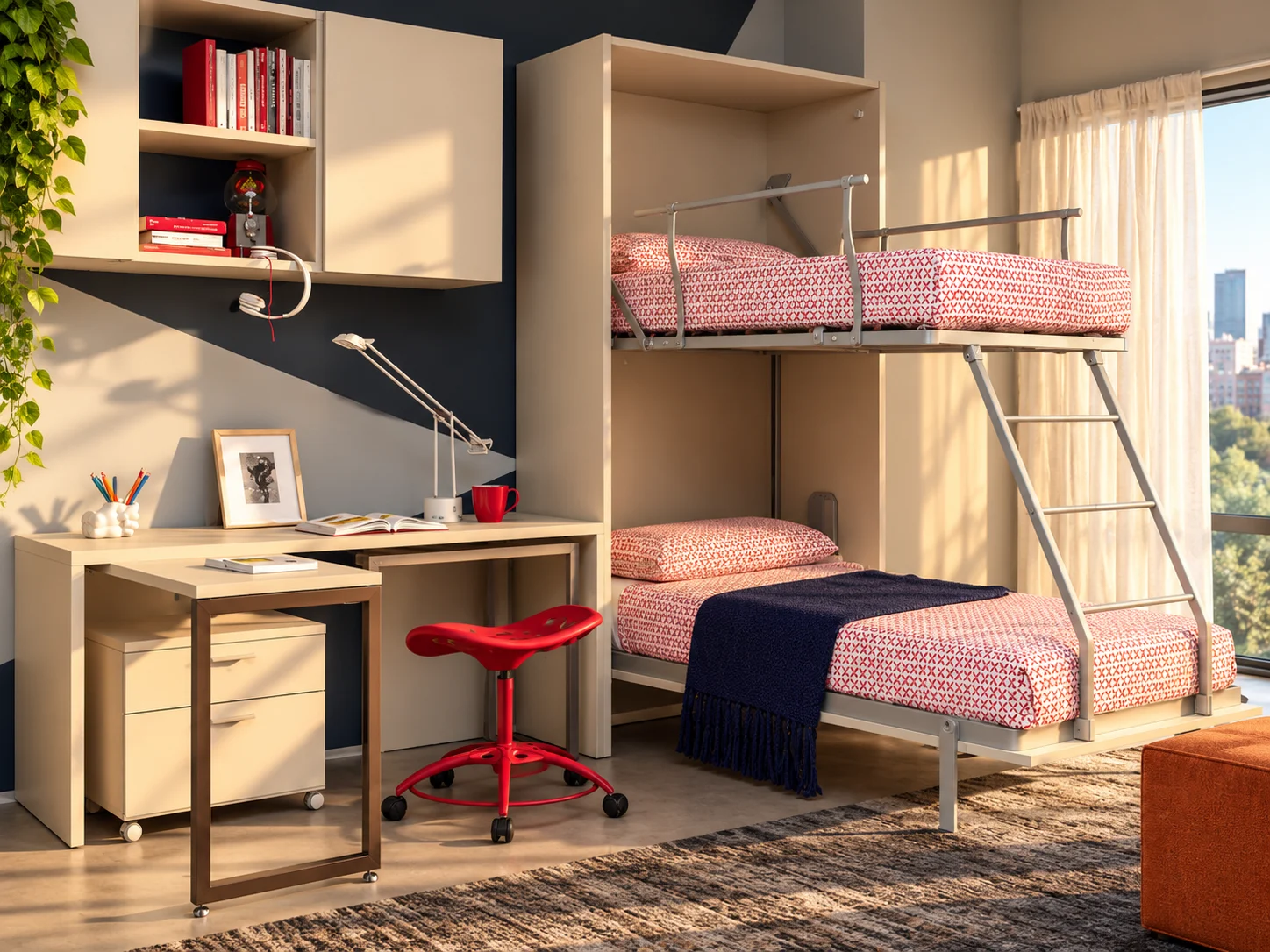 Letto a castello a scomparsa Vertigo castello con entrambi i letti aperti e biancheria rosa