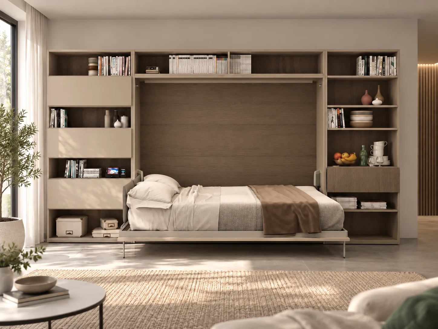 Letto matrimoniale a scomparsa Gemini orizzontale aperto, con librerie ai lati