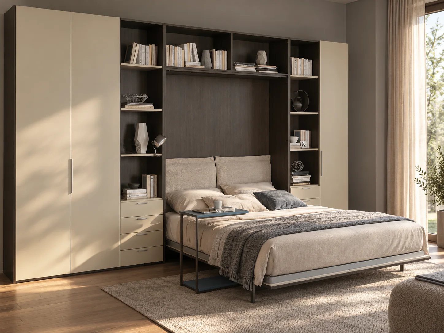 Letto matrimoniale a scomparsa Vertigo verticale aperto, accanto alla libreria